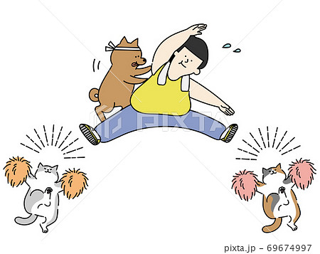 ストレッチする男性と手伝う犬と応援する猫のイラスト素材