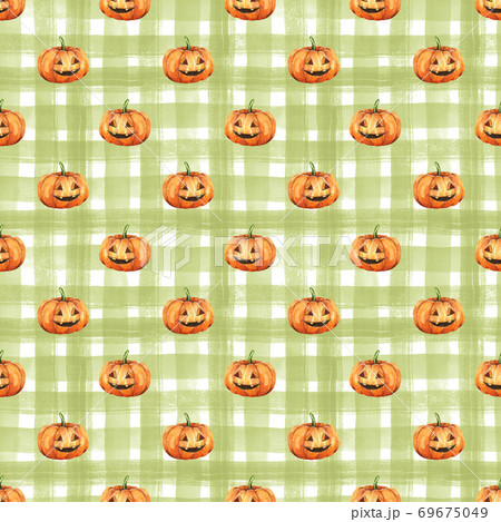 Seamless halloween pattern design. Watercolor pumpkins on checkered background Seamless halloween pattern design. Watercolor pumpkins on checkered background 69675049
