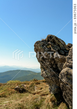 Large stones on the tops of the Carpathians, epic and breathtaking view. 69675063