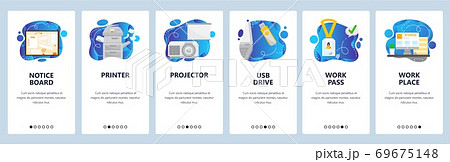 Business office workspace equipment and accessories. Mobile app onboarding screens, vector website banner template. 69675148