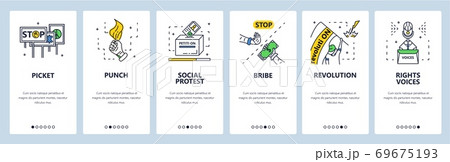 Social protest, revolution, demonstration, picket, political meeting. Mobile app screens, vector website banner template 69675193
