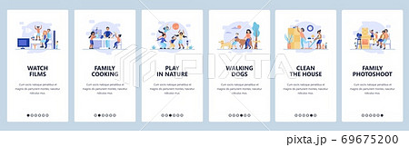 Family time. Parents spending time with kids. Mobile app onboarding screens, vector website banner template. Family time. Parents spending time with kids. Mobile app onboarding screens, vector website banner template. 69675200