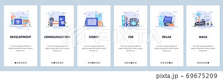 Education online, self development, communication, work, rest, hobby. Mobile app screens, vector website banner template Education online, self development, communication, work, rest, hobby. Mobile app screens, vector website banner template 69675209