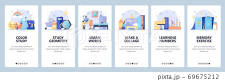 Preschool education games. Kids home training. Study colors, numbers. Mobile app screens, vector website banner template 69675212