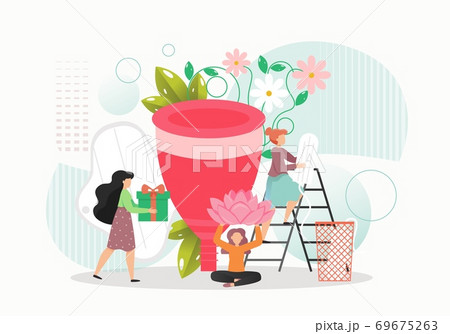 Menstrual period feminine hygiene tampons, sanitary pads and menstrual cup, flat vector illustration 69675263