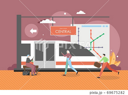 City subway station. People waiting for train on platform, flat vector illustration 69675282