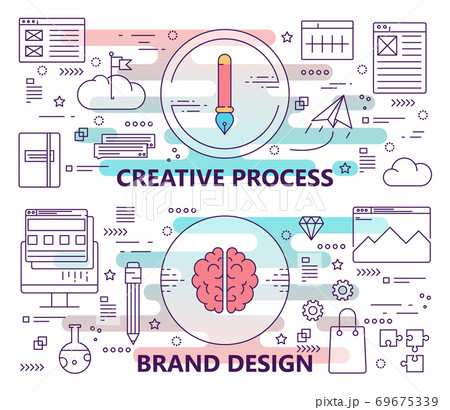 Vector set of banners with creative process and brand design concept templates. Modern thin line flat design elements, symbols, icons for website menu 69675339