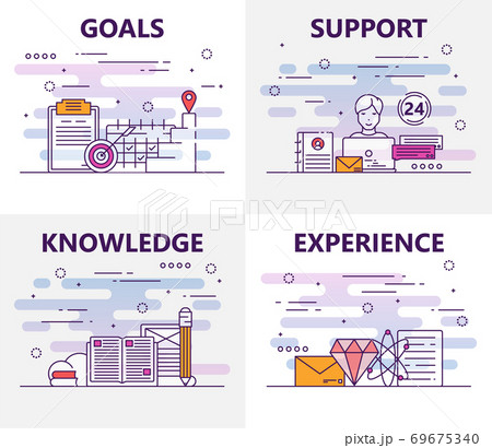 Vector set of banners with goals, support, knowledge, experience concept elements. Thin line flat design symbols and icons for website menu, printing Vector set of banners with goals, support, knowledge, experience concept elements. Thin line flat design symbols and icons for website menu, printing 69675340