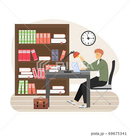 Young man, student studying at library, sitting at table, working on laptop, flat vector illustration. Young man, student studying at library, sitting at table, working on laptop, flat vector illustration. 69675341