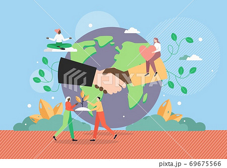 World peace. Planet Earth globe with multiracial handshake, flat vector illustration. World peace. Planet Earth globe with multiracial handshake, flat vector illustration. 69675566