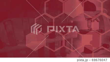 Digital illustration of a microscope and test tubes standing in a row 69676047