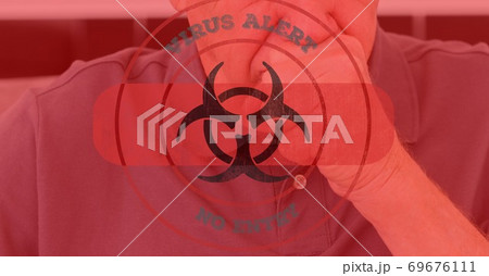 Digital illustration of a person coughing over a hazard sign with a bandage with a sign Virus alert 69676111