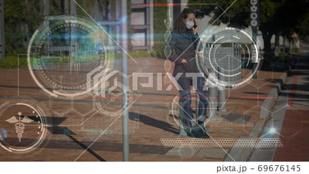 Digital illustration of a woman with a mask talking on a phone over medical icons Digital illustration of a woman with a mask talking on a phone over medical icons 69676145