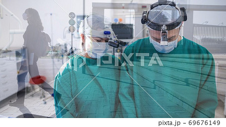 Digital illustration of surgeons performing a surgery over woman walking Digital illustration of surgeons performing a surgery over woman walking 69676149