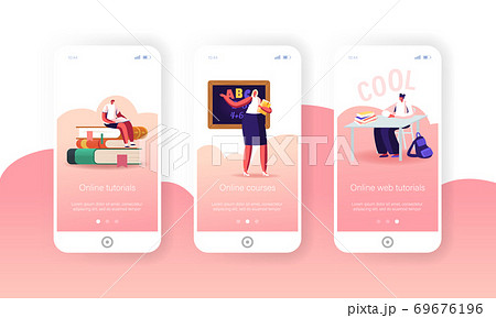 Online School Education Mobile App Page Onboard Screen Template. Kids and Teacher Characters Quarantine Distant Studying 69676196