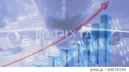 Digital illustration of a plane taking off over data processing, statistics showing Digital illustration of a plane taking off over data processing, statistics showing 69676199
