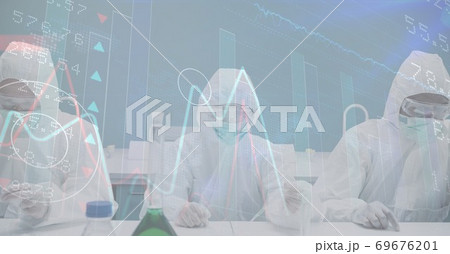 Digital illustration of three scientists wearing suits and gloves and masks working 69676201