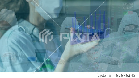 Digital illustration of a doctor wearing a mask, talking on a phone over scientist Digital illustration of a doctor wearing a mask, talking on a phone over scientist 69676245