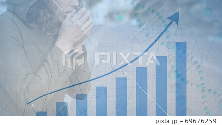 Digital illustration of a woman walking on a street, coughing over data processing and statistics 69676259