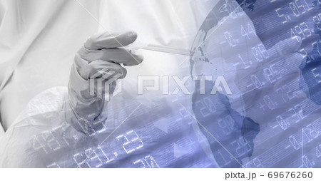 Digital illustration of a scientist wearing protective gloves over a globe and data processing Digital illustration of a scientist wearing protective gloves over a globe and data processing 69676260