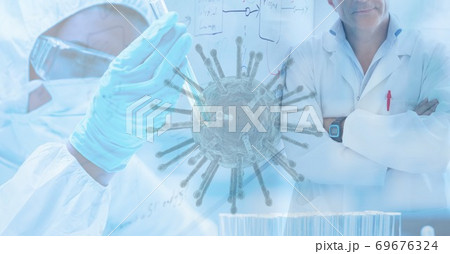 Digital illustration of a scientist wearing coronavirus covid19 mask over macro cell Digital illustration of a scientist wearing coronavirus covid19 mask over macro cell 69676324