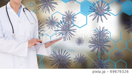 Digital illustration of a doctor over macro Coronavirus Covid-19 cells floating 69676326