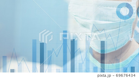 Digital illustration of a doctor wearing a face mask over data processing and statistics showing Digital illustration of a doctor wearing a face mask over data processing and statistics showing 69676434