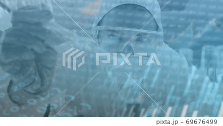 Digital illustration of a scientist wearing coronavirus covid19 mask over data processing 69676499