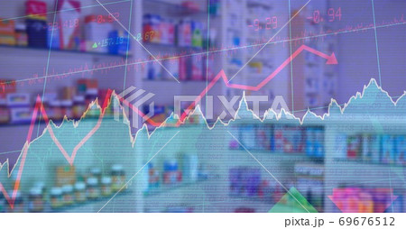 Digital illustration of data processing over an empty pharmacy in the background Digital illustration of data processing over an empty pharmacy in the background 69676512