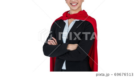 Digital illustration of a person wearing a cape, crossing his hands and smiling Digital illustration of a person wearing a cape, crossing his hands and smiling 69676513