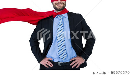 Digital illustration of a man wearing a cape, leaning his hands on his hips, smiling Digital illustration of a man wearing a cape, leaning his hands on his hips, smiling 69676570