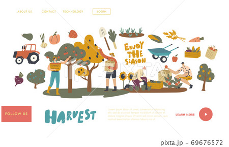 Farmer Characters Work on Garden or Orchard Harvesting Crop Landing Page Template. Gardeners Collect Fruit and Vegetable 69676572