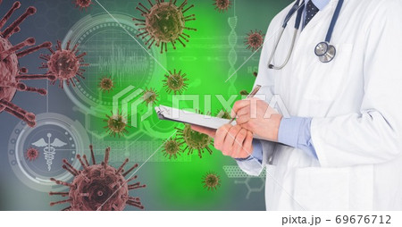 Digital illustration of a doctor over macro Coronavirus Covid-19 cells floating and data processing Digital illustration of a doctor over macro Coronavirus Covid-19 cells floating and data processing 69676712