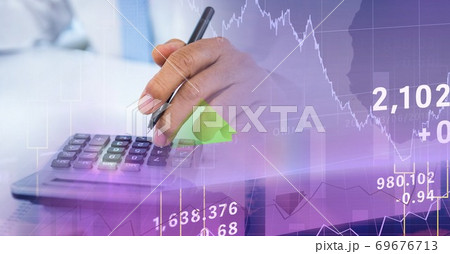 Digital illustration of Caucasian male hands calculating over statistics Digital illustration of Caucasian male hands calculating over statistics 69676713