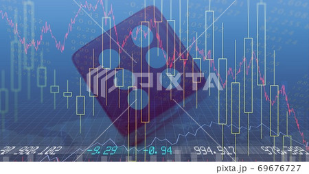 Digital illustration a red dice over graphs and statistics in a blue background 69676727