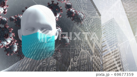 Covid-19 cells and 3D human head model wearing face mask against tall buildings 69677359