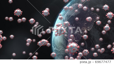 Covid-19 cells and globe against black background 69677477