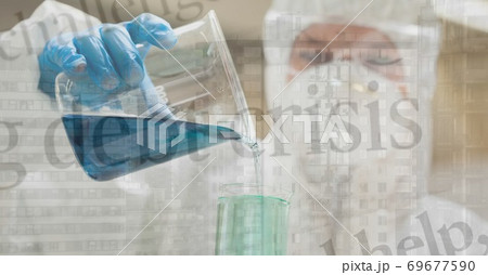 Digital illustration of doctor scientist wearing coronavirus covid19 mask and pouring a liquid ove Digital illustration of doctor scientist wearing coronavirus covid19 mask and pouring a liquid ove 69677590