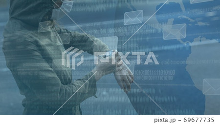 Digital illustration of a person wearing a mask checking a watch with email icons floating Digital illustration of a person wearing a mask checking a watch with email icons floating 69677735