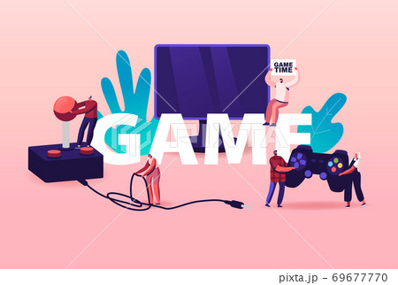 Computer Games Concept. Tiny Characters with Huge Console and Joystick at Tv Screen. Gaming Leisure Addiction, Sparetime Computer Games Concept. Tiny Characters with Huge Console and Joystick at Tv Screen. Gaming Leisure Addiction, Sparetime 69677770