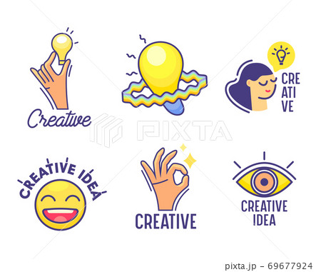 Set of Cartoon Icons Creative Idea Theme. Hand Holding Glowing Light Bulb, Thoughtful Woman Face and Lamp, Open Eye 69677924