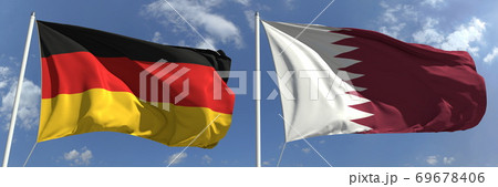Waving flags of Germany and Qatar on flagpoles, 3d rendering 69678406
