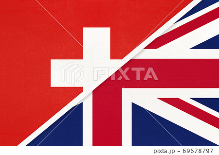 Switzerland and UK, symbol of national flags from textile. Championship between two countries. 69678797
