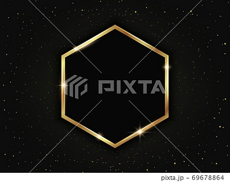 Gold hexagonal frame with particles. Geometric luxury template on dark background 69678864