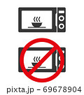 Microvave oven icon with warning sign. Product sticker, cooking instruction pictogram. Vector illustration. 69678904
