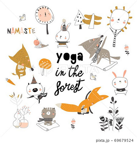 Cute Cartoon Animals Doing Yoga Exercises In のイラスト素材