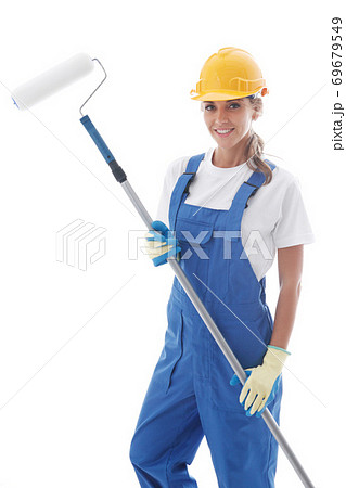 Female house painter on white Female house painter on white 69679549