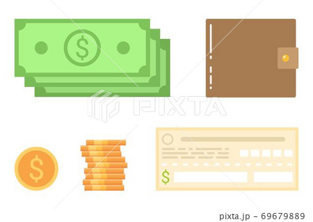 Banknotes, gold coins, wallet and bank check 69679889