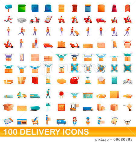 100 Delivery Icons Set Cartoon Styleのイラスト素材