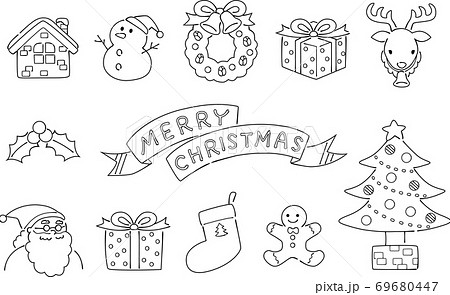手書き風クリスマスの飾りイラストセット 塗りなし のイラスト素材
